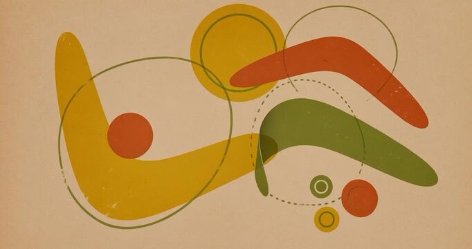 Abstract retro midcentury geometric vintage composition with mustard olive rust organic circle shapes and textured paper background conveying playful balanced negative space and muted earth tones