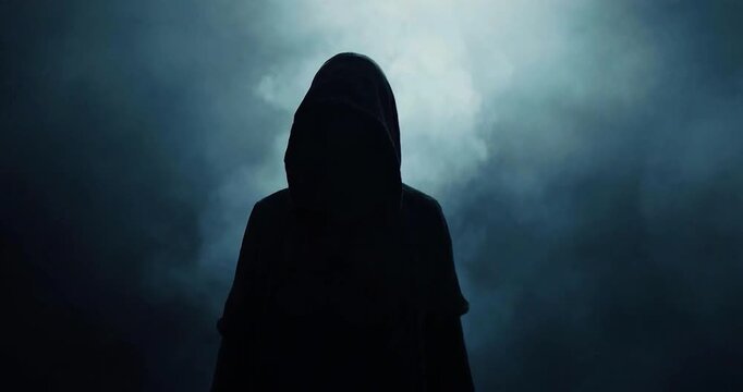 Silhouette hooded figure dark smoke mist mysterious dramatic. mysterious hooded figure standing dense blue smoke with dramatic backlight moody atmosphere and eerie silhouette conveying suspense