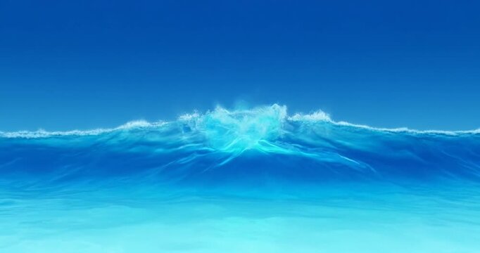 Glossy blue water ribbon infinity loop over serene ocean horizon calm turquoise gradient seascape with minimalist wave giant blue wave cresting with white foam, fluid motion and expansive horizon