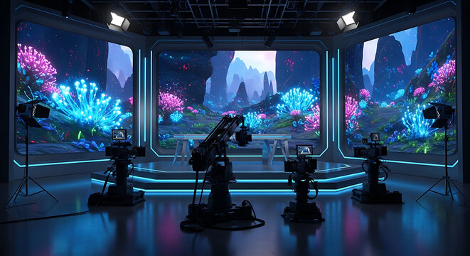 Virtual production studio with cameras and LED backdrop displaying fantastical alien landscape with glowing flora
