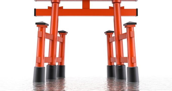 Camera passes through the japanese torii gate with side pillars over wavy reflective background - 3D animation
