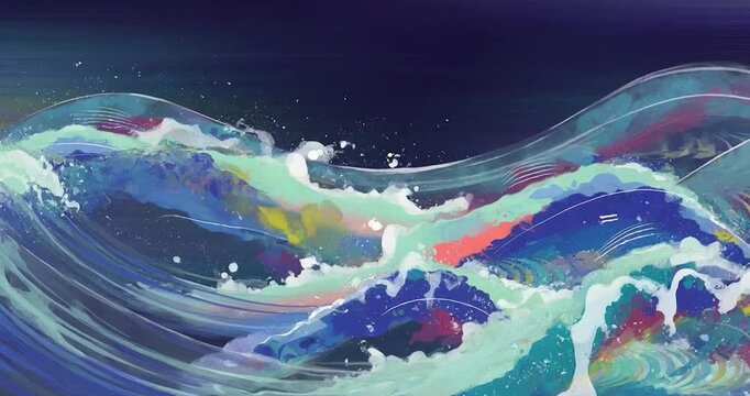 Vibrant abstract seascape with colorful crashing waves, dynamic brushstroke ocean wave illustration with layered blue and turquoise crests, foamy highlights, energetic motion, splash filled abstract