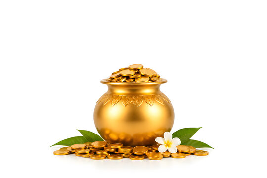 Akshaya Tritiya still life, small golden pot and coins at bottom, large empty space above, white background, soft shadow, minimal composition, commercial banner style, no text.
