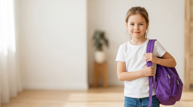 Adorable young girl with a purple backpack, ready for school and learning with enthusiasm and a bright smile