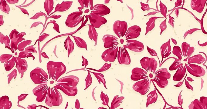 Vintage floral pattern with magenta blossom and hand painted flowers, flowing vine and leaf motifs on textured cream seamless wallpaper evoking warm romantic mood