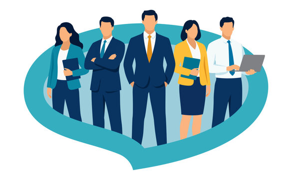 Marketing team of five people standing in the shape of a speech bubble. Business concept vector illustration.