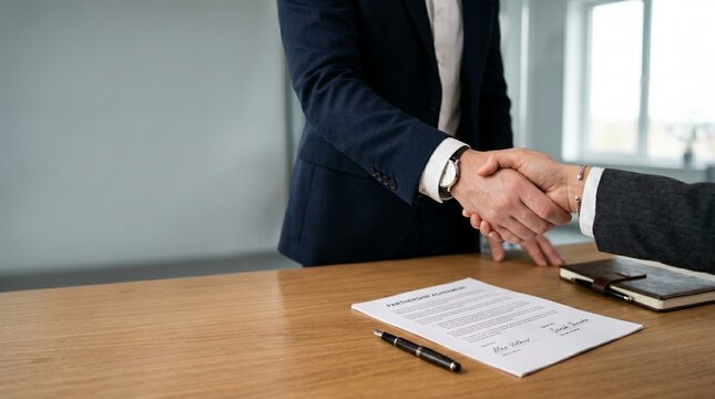Successful business handshake sealing a deal over a contract on a wooden desk with a notebook and pen, symbolizing partnership and agreement