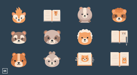 Fototapeta premium Cute cartoon animal faces and books on a dark blue background
