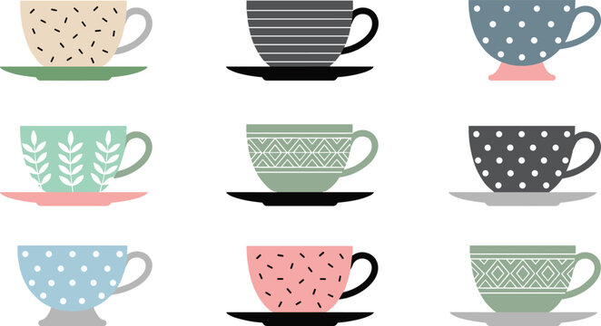 Modern Scandinavian teacup vector set featuring patterned coffee mugs with saucers for kitchen decor and cafe branding.
