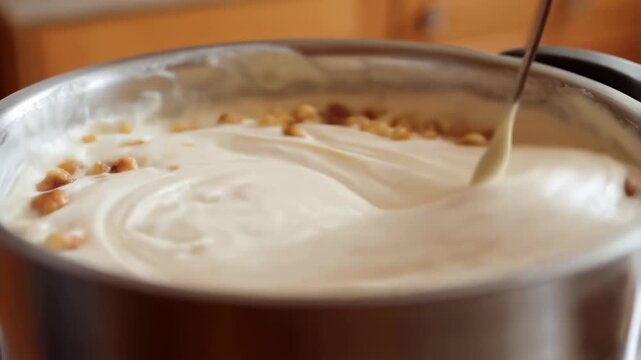 Creamy mixture being stirred in a stainless steel bowl with pine nuts. Ideal for culinary creations and gourmet recipes