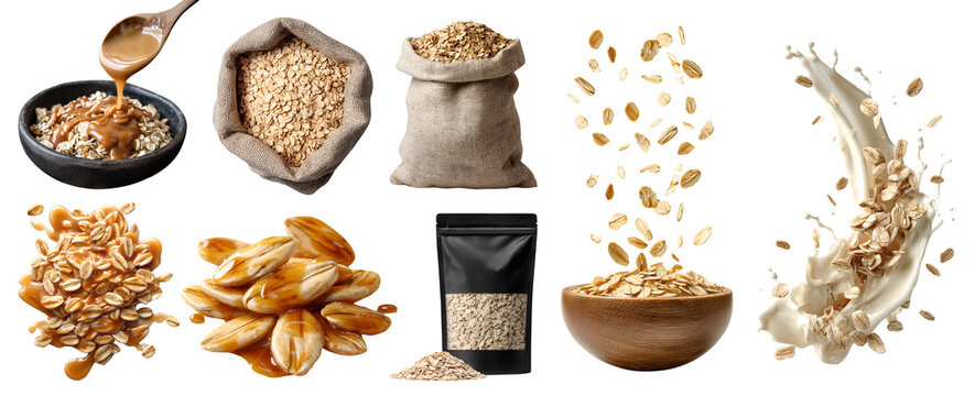 Set of superfast rolled oats flakes grains groats, gunny burlap sack, yogurt milk splash, kraft standup pouch, fly bowl, with peanut butter honey syrup, stack pile, transparent cutout PNG mockup