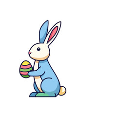 Fototapeta premium A cute blue rabbit holding a colorful decorated egg on a white background