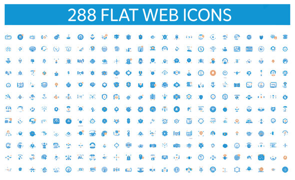 Set of 288 flat web icons for digital interfaces, covering technology, business, and lifestyle.