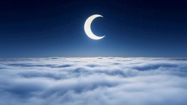 Serene crescent moon shining brightly over a sea of clouds at night. A tranquil scene evoking peace and wonder in the night sky