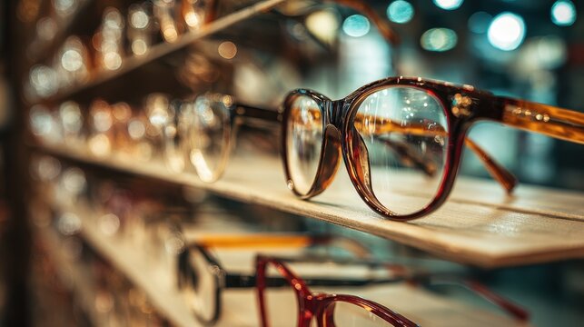 Close-up of eyeglasses on a shelf in an optical store