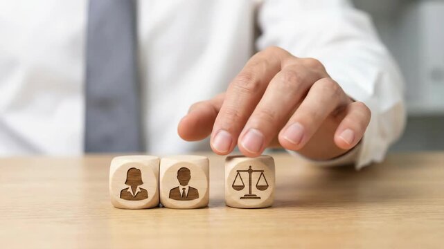 Law justice equality diversity inclusion human resource closeup business professional hand arranging wooden cube icon. Employee labor law compliance justice, rights, fairness, ethics, regulation