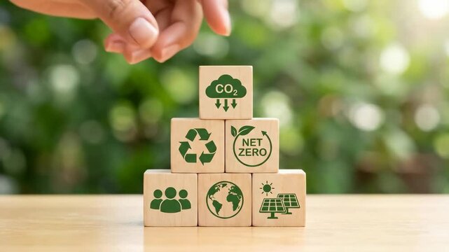 Net zero carbon dioxide recycle sustainability wooden block hand emission reduction renewable energy. Sustainable green energy business responsibility, innovation, future environmental ethics