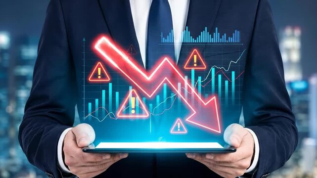 Businessman holding tablet stock market financial risk crash downward arrow warning sign analytics data chart Inflation crisis global economic recession, risk bankruptcy, struggle, poverty