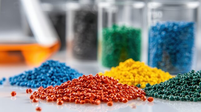 Colorful plastic pellets in a laboratory setting