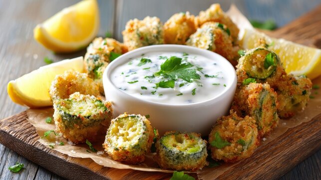 Fried zucchini slices with dipping sauce and lemon wedges on a wooden board