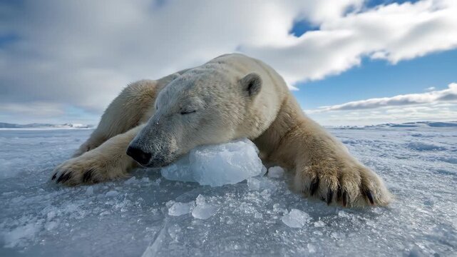 Heat wave stroke extreme summer polar bear rest ice floe blue sky cloud climate. Heat wave stroke extreme summer global warming, thermometer to high temperature, sun, climate hot weather