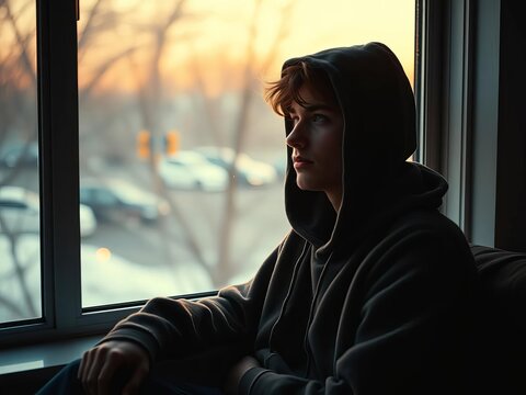 Cozy figure in hoodie by window, lo-fi grunge chillout mood, music focus,  simple,  grunge