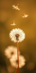 Obraz premium Dandelion seeds caught in a gentle breeze, floating against a blurred golden backdrop, a fleeting moment of whimsy, nature, abstract nature