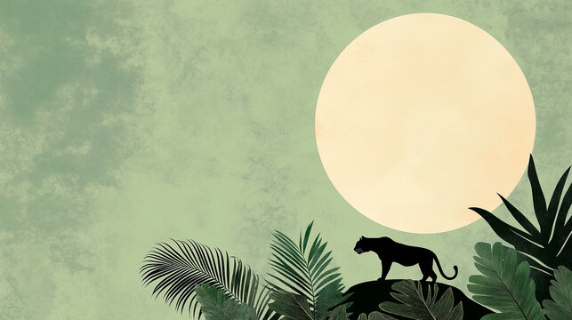 Retro Tiger Silhouette Prowling through Jungle with Tropical Leaves and Cream Moon, 1950s Vintage Illustration on Lime Green Background