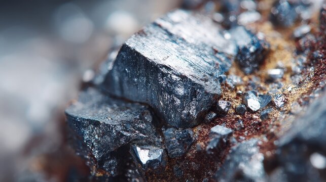 Macro close-up of a metallic galena mineral crystal