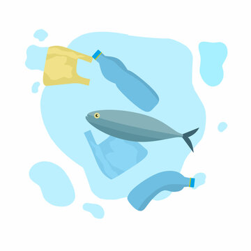 Dead fish vector with scattered trash. Concept for a movement to clean up plastic waste. Environmental pollution.