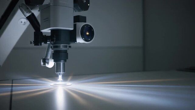 Advanced laser cutting machine precisely engraving intricate patterns on reflective metal surface with bright light beams
