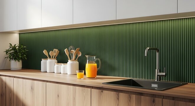 Modern kitchen with green ribbed backsplash and wooden cabinets