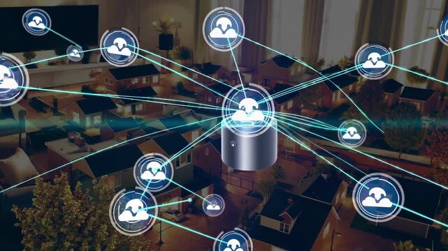 Digital animation showing a network of people icons connecting through a central hub, illustrating the concept of smart home technology, community, and social networking over a modern neighborhood