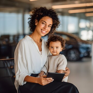 Mother and toddler with tablet at car dealership showroom