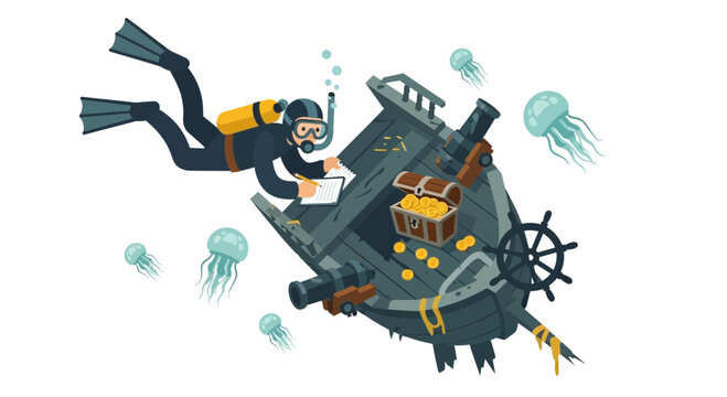 scuba diver exploring sunken treasure ship with jellyfish