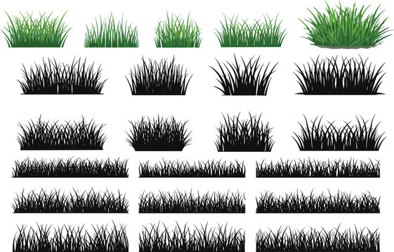 Large collection of grass silhouettes and green lawn patches isolated on white background for landscaping and design use