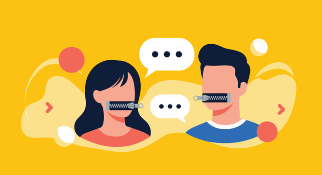 Man and woman face each other with zippers over their mouths to represent censorship, secrets, or a lack of communication.