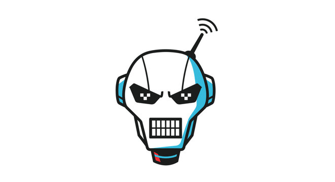 Sinister robot head with red and white teeth features glowing eyes and an antenna, suggesting a rogue artificial intelligence.
