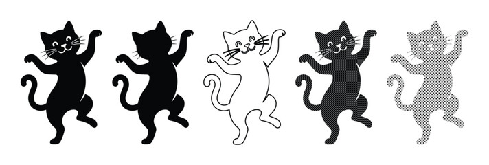 Dancing cat vector set, playful feline characters in various styles, black, white, and gray kitty illustrations, fun animal graphics for design projects © Logan