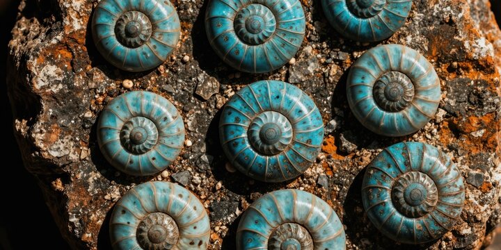 Several bright blue ammonite fossils are embedded in a rough textured rock. These ancient shells show detailed spiral patterns and a grunge surface. Prehistoric sea life found on stone.
