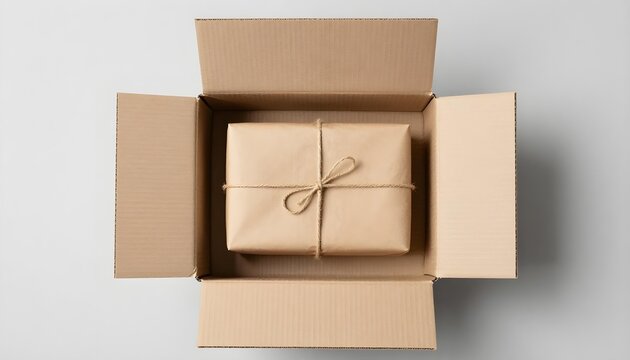 Overhead view of a single gift-wrapped package inside an open cardboard box