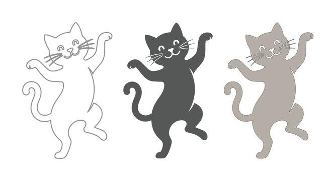 Playful dancing cat vector illustration set, three happy feline characters in outline, black, and gray, whimsical pet design for children's books and merchandise