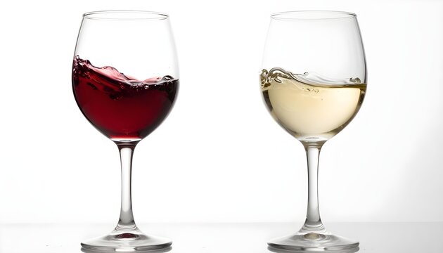 Two wine glasses with red and white wine splashing inside against a white background