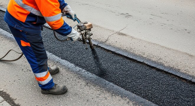 Construction worker applies bitumen sealant to a road joint using specialized spraying equipment.