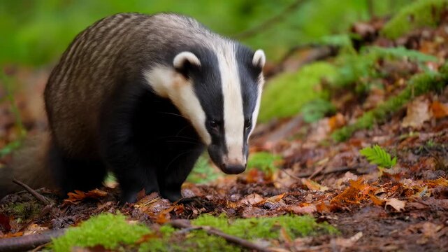 Badger foraging in a lush forest environment. Represents wildlife exploration and the importance of biodiversity in natural habitats