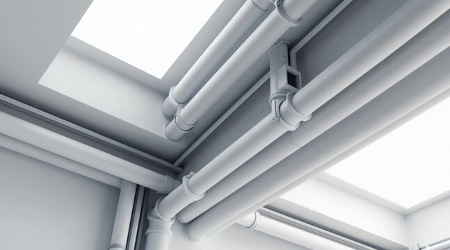 White pipes and electrical conduits run across ceiling and walls. Clean interior space shows network wiring system. Construction and engineering design concept.