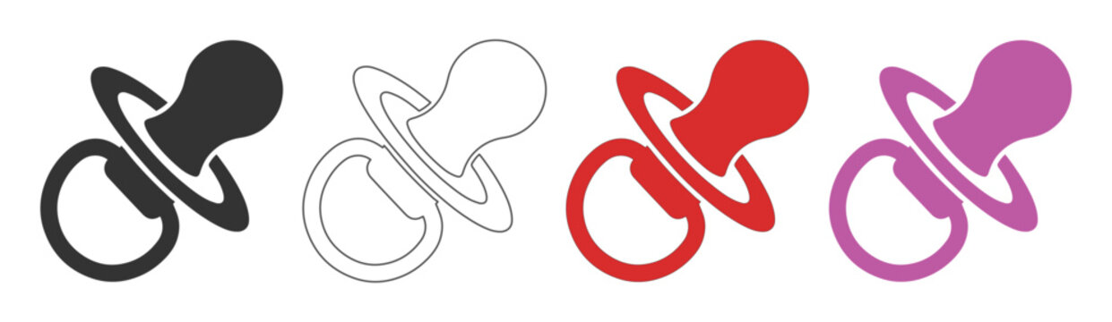 Baby Pacifier Vector Icon Set, four colorful infant soothers, black, white, red, and purple baby dummy symbols, essential childcare graphic resources for web and print design