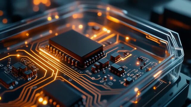 Futuristic Electronic Circuit Board with Glowing Orange Lines, Representing Advanced Technology and Innovation
