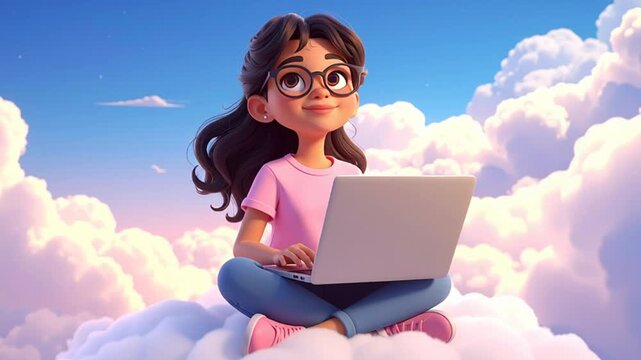 Cheerful 3D Animated Girl with Glasses Sitting on a Cloud, Using a Laptop Against a Blue Sky