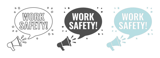 Obraz premium Work Safety Megaphone Vector Set, essential health and safety announcement graphics for business, industrial, and workplace communication, outline, solid, and color variations